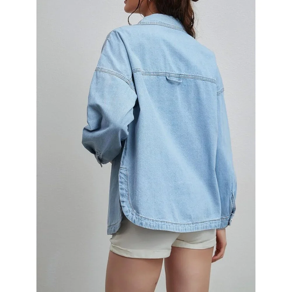 Women Denim Shacket Light Blue Oversized Button Long Sleeve Casual Jacket - Picture 3 of 7